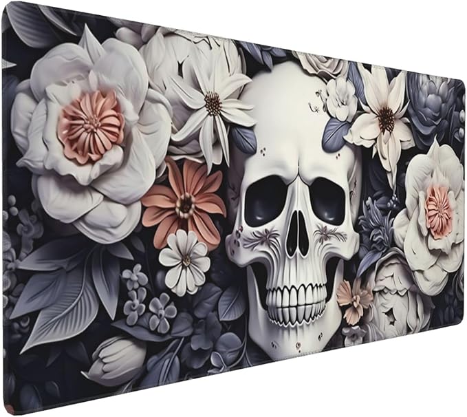 35.4 x 15.7 in, Waterproof XXL Large Mouse Pad for Desk, Extended Keyboard Mouse Mat for Computer Office, Big Laptop Mouse pad, Gaming Pc-White Skull&Flowers