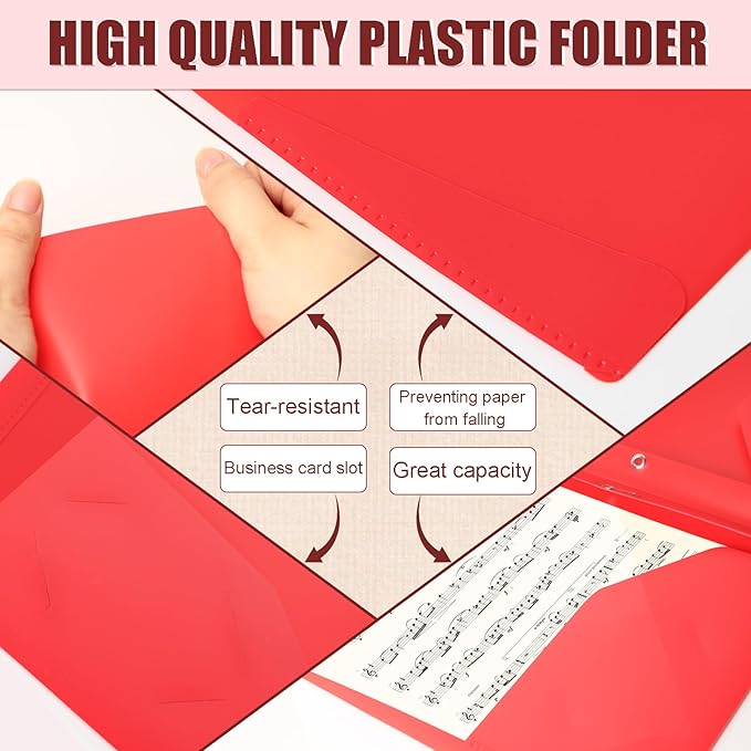 Pastel Plastic File Folders with Pockets and Prongs, 7 Pack, A4 Letter Size, Heavy Duty Waterproof Office Folders with Clear Front Cover for School, Home, and Office (Red)