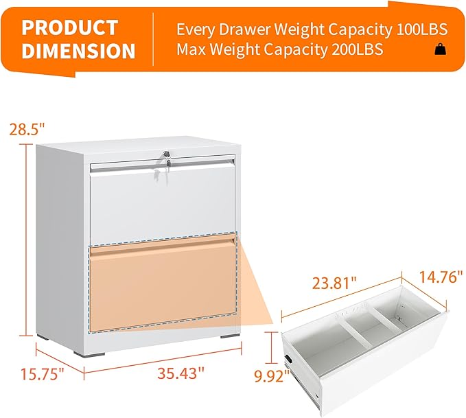 Lateral File Cabinets with 2 Drawer,Metal Lateral Filing Cabinet for Home Office,Wide Steel Storage Cabinet Commercial Drawer for Legal/Letter/A4 Size Files Assembly Required