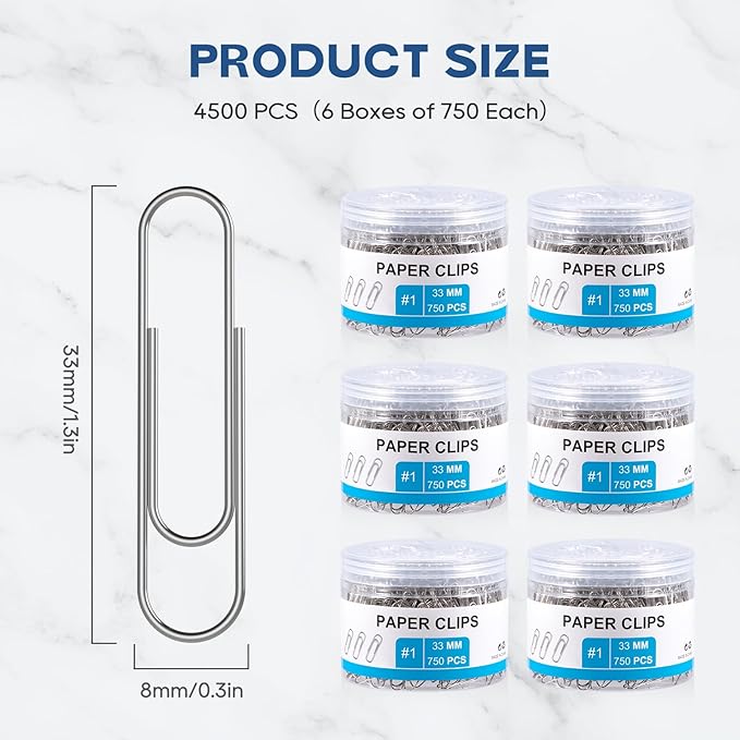 4500 Pcs Paper Clips Bulk Paperclips Medium: 1.3 Inches Paper Clip for Office Supplies Paperwork Students School Home, Paperclip Metal Clips for Paper, 750 Pcs x 6 Boxes, Silver