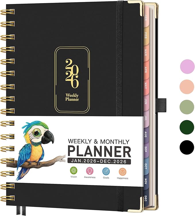RETTACY 2026 Planner, Weekly and Monthly, Medium Size (5.7" x 8.3"), Jan - Dec 2026, Agenda, Calendar, 12 Month Tabs, Hardcover, 100 GSM Thick Paper, Spiral-bound (Black)