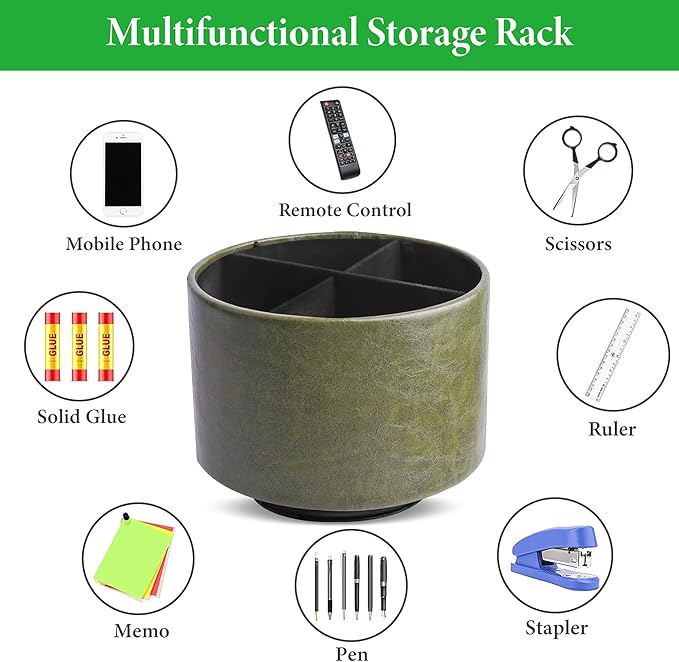 Hennaja Round Leather Art Supply Organizer,Remote Control Holder,360 Degree Spinning,Multi-Functional Pencil Holder,4 Compartments Desktop Stationary Organizer(1-Oil Green)