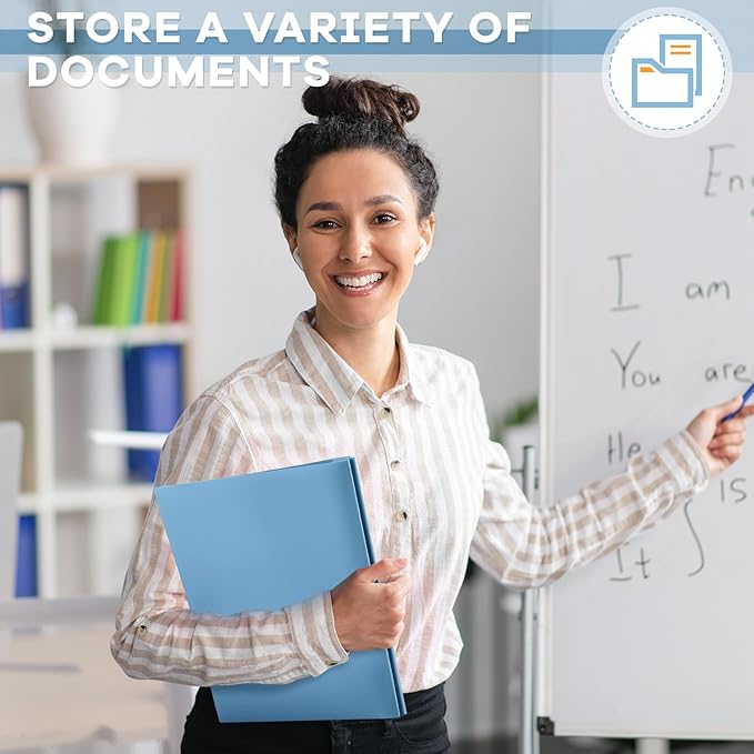 Henoyso 48 Pcs Plastic Folder with Clear Front Pocket and 3 Prongs Heavy Duty Plastic Folders with Card Slot Pocket Folders with Prongs for School Office Home(Blue Haze)