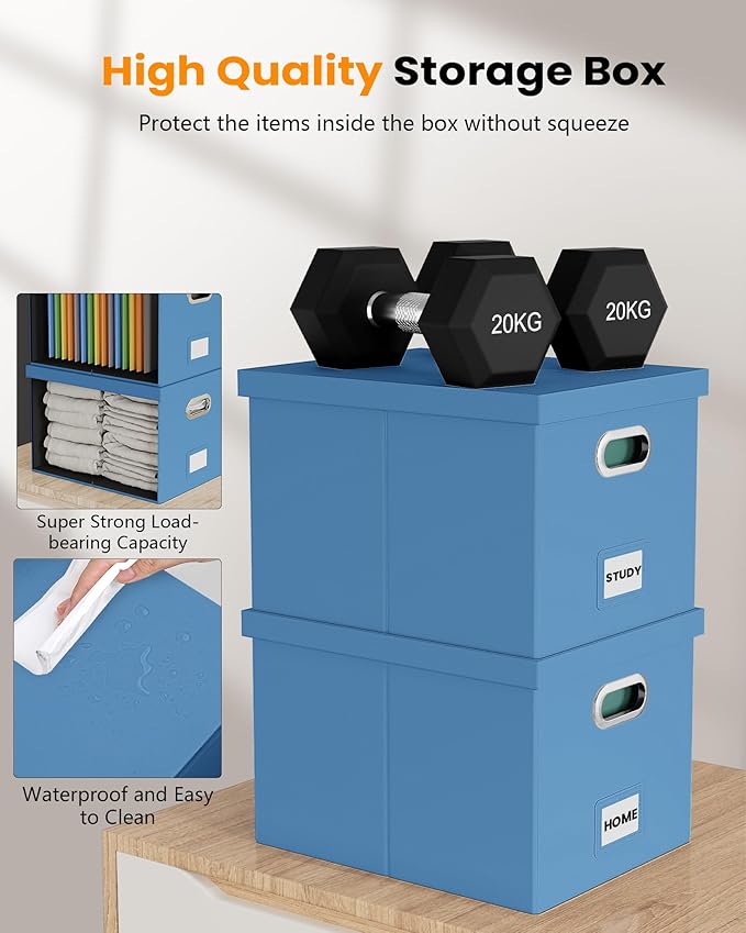 2 Pack File Storage Organizer - Portable Filing Box with Lid, Fits Letter/Legal Size, Navy Blue Leather Box