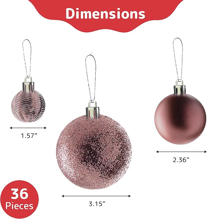 Prextex 36-Pieces Christmas Ornaments Set - Shatterproof, Festive Christmas Balls Decorations in 3 Sizes and 6 Styles with Hanging Loops for Tree, Wreath, and Dazzling Holiday Party Decor - Rose Gold