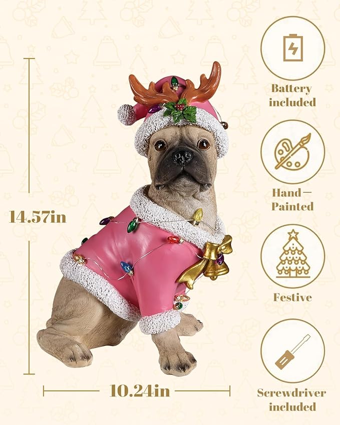 Christmas Outdoor Decoration Dog Statue, LED Light Cute English Bulldog Sculpture with Pink Santa Outfit & Lights for Garden and Yard, Indoor Holiday Décor Gift for mom and dad