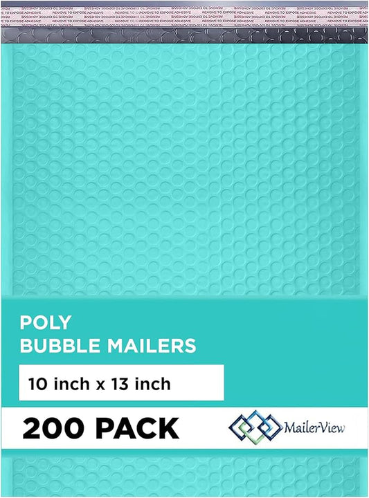 Teal 10x13 Inch Poly Bubble Mailers |Self Seal Padded Envelopes for Thick books | Air Cushioned Bubble Mailer | Usable Size 9.5x13 Inch | Waterproof Lightweight Mailing Shipping Bags | 200 Pack Bulk