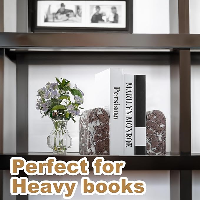Koville Turkish Natural Marble Bookends for Shelves, Decorative Book Ends, 13lbs Heavy-Duty Marble Book Holders, Bookshelf Apartment Decor for Normal Books/CD/Video Games(Leopard)