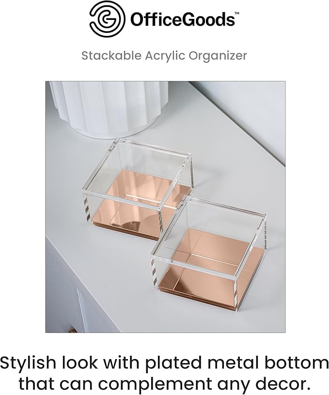 OfficeGoods 3-Tier Stackable Acrylic Holder- Stylish Desk Organizer and Storage for Office or Home – Transparent Square Design, with Rose Gold Metal Base
