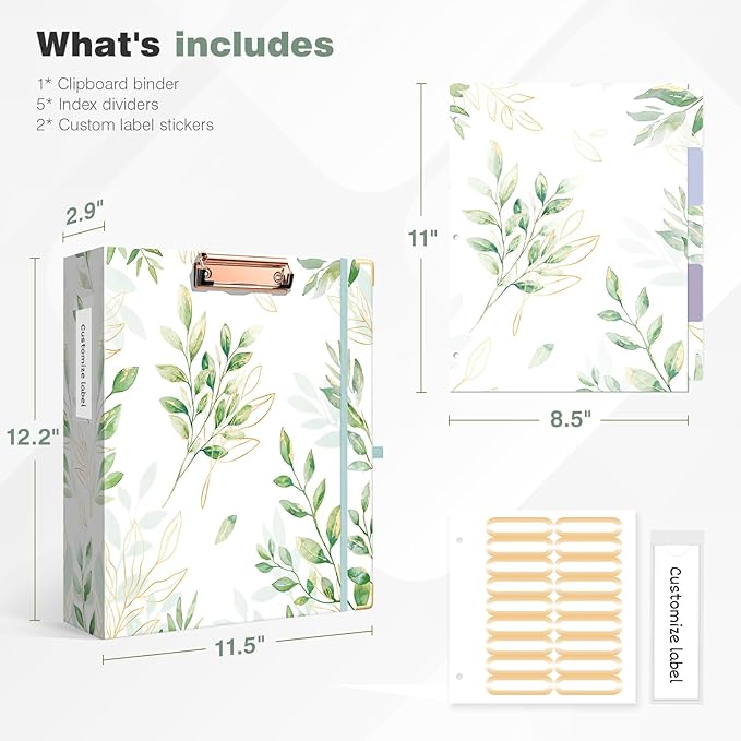 Ospelelf Binder 3 Ring 2 Inch, Green Floral Round Ring Clipboard Binder with 5 Tab Dividers for Letter Size Documents, for School and Office Supplies, Greenleaf