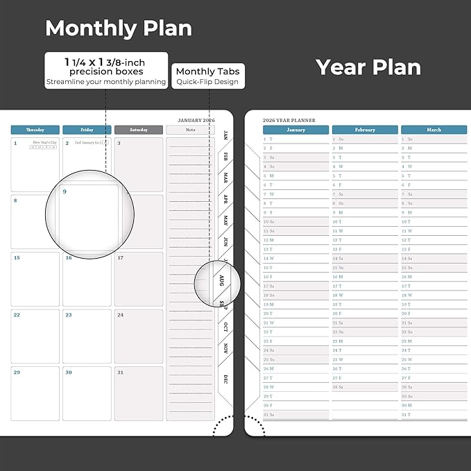 Weekly Monthly 2026 Planner (Jan.26-Dec.26),8.5"x6.5",12 Months Agenda Plan with Month Tabs & Pocket,Expenses/Note Pages, Appointment Book Calendar with Hardcover Vegan Leather Cover,Black