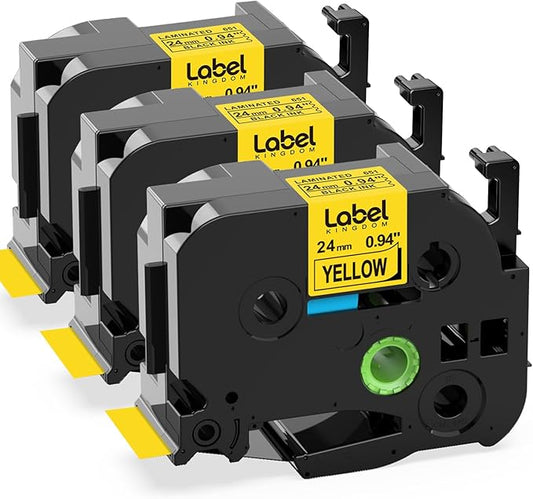 Label KINGDOM TZe-651 24mm Yellow Label Tape Replacement for Brother P-Touch TZ-651 1 Inch Black on Yellow TZ Tape 24mm 0.94 Laminated Yellow Compatible with Brother PTD600 PTD610AD PTP710BT, 3-Pack