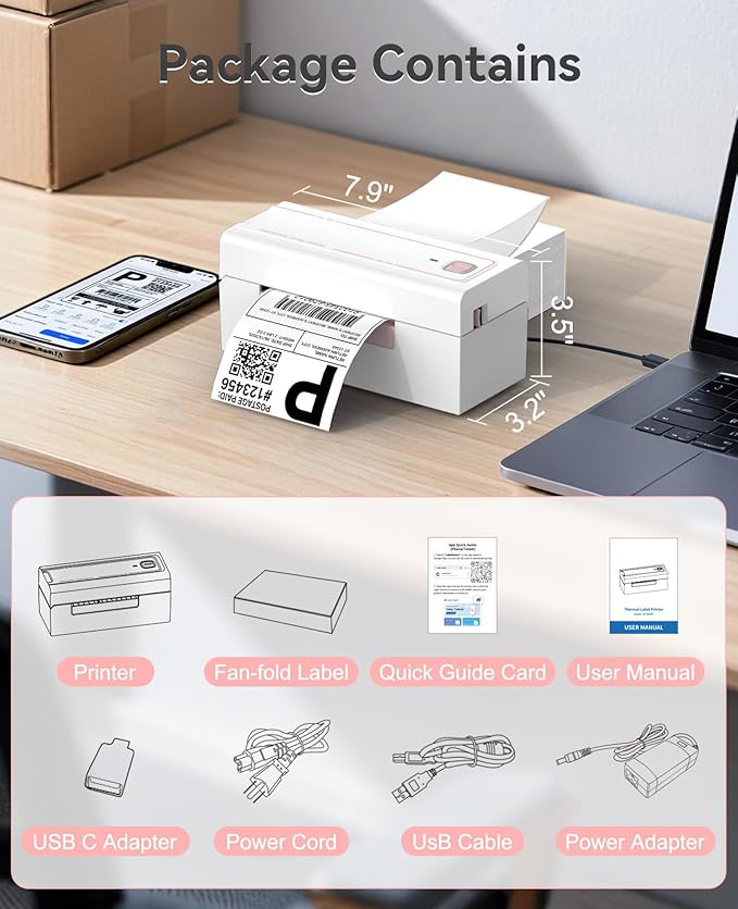 Bluetooth Thermal Label Printer, Wireless 4x6 Shipping Label Printer for Small Business, High-Speed Thermal Printer Compatible with Android, iOS & Windows for Amazon, Ebay, Shopify, USPS