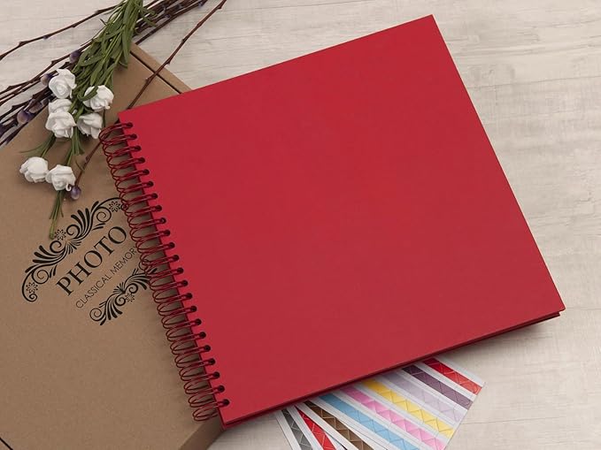 potricher 12 x 12 Inch Large DIY Scrapbook Photo Album 80 Pages Thick Kraft Blank Red Paper Memory Book for Wedding and Anniversary Family (Red, 12 Inch)
