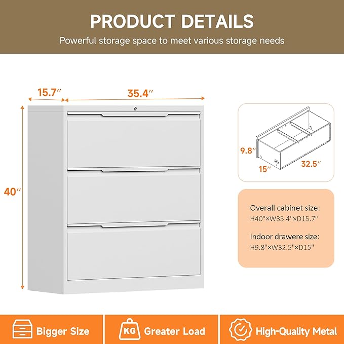 Lateral File Cabinet, 3 Drawer Lateral File Cabinet with Lock, Lockable Metal File Cabinet for Home Office, File Cabinet for Letter/Legal/F4/A4 Size (White, 3 Drawer)
