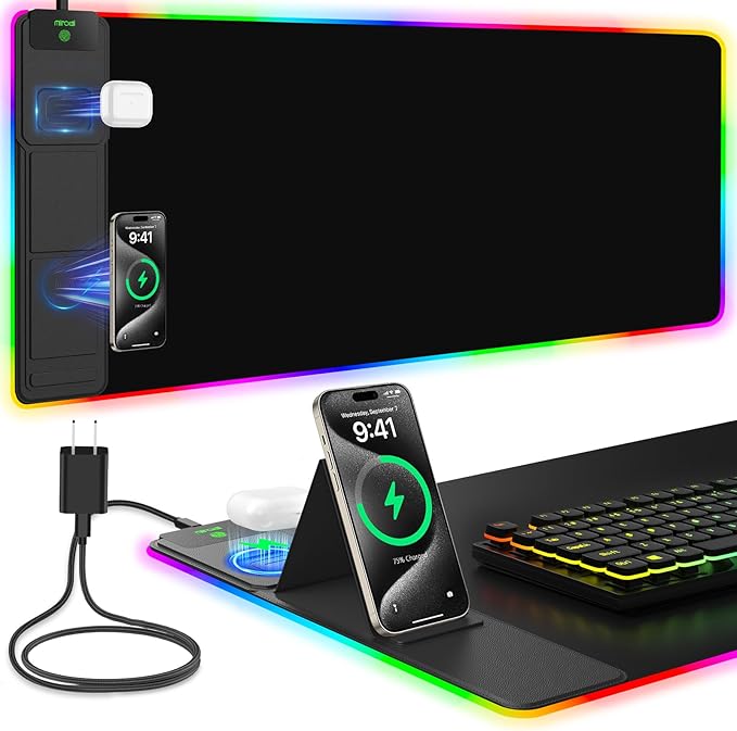 Mouse Pad with Foldable Phone Holder & Wireless Charger, XXL RGB Gaming Mousepad 31.5"x15.8" Large Desk Mat for Keyboard, Black Desk Pad with Dual Qi Charging Station | 11 Colors 5 Modes | Waterproof