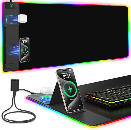 Mouse Pad with Foldable Phone Holder & Wireless Charger, XXL RGB Gaming Mousepad 31.5"x15.8" Large Desk Mat for Keyboard, Black Desk Pad with Dual Qi Charging Station | 11 Colors 5 Modes | Waterproof