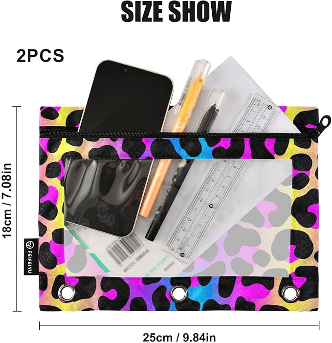ALAZA Pencil Pouch for 3 Ring Binder, Leopard Print Cheetah Neon Gradient Binder Pencil Pouches with Clear Window Zipper Pencil Case Cosmetic Bags for Office College Supplies, 2PCS