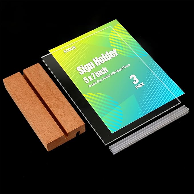 3 Pack Acrylic Sign Holder with Wood Base, Vertical and Slant Menu Flyer Stand, Double Sided Clear Display Stand for Restaurant, Wedding, Store, Office (5x7'', L/T Shape 2 in 1)