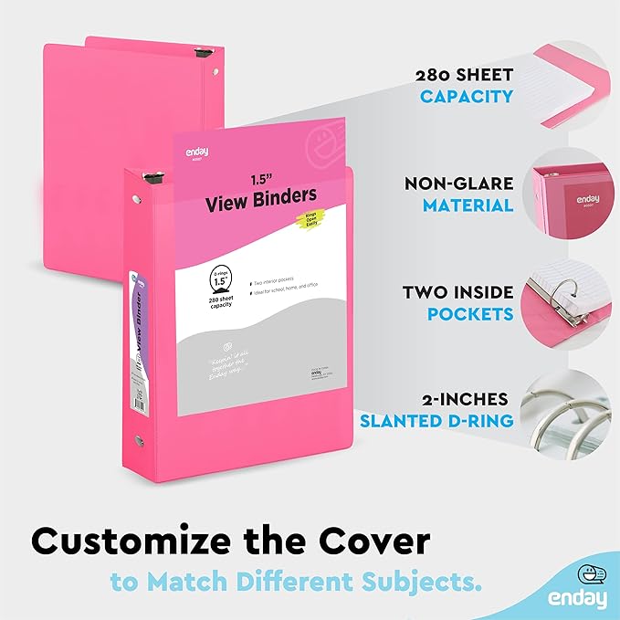 3 Ring Binder Pink, 1.5 Inch Clear View Cover with 2 Inside Pockets Binder, Colored School Supplies 1 ½ Inch Round Ring Binders, Also Available in Red, Blue, Purple, Green, and Grey (6 PC) – by Enday