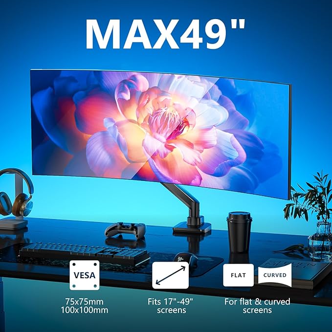 WALI Single Monitor Gas Spring Desk Mount, Heavy Duty Monitor Arm for Ultrawide Screen up to 49 inch, 44 lbs with USB. Fully Adjustable, Mounting Holes 75 and 100 (GSMU001XL), Black