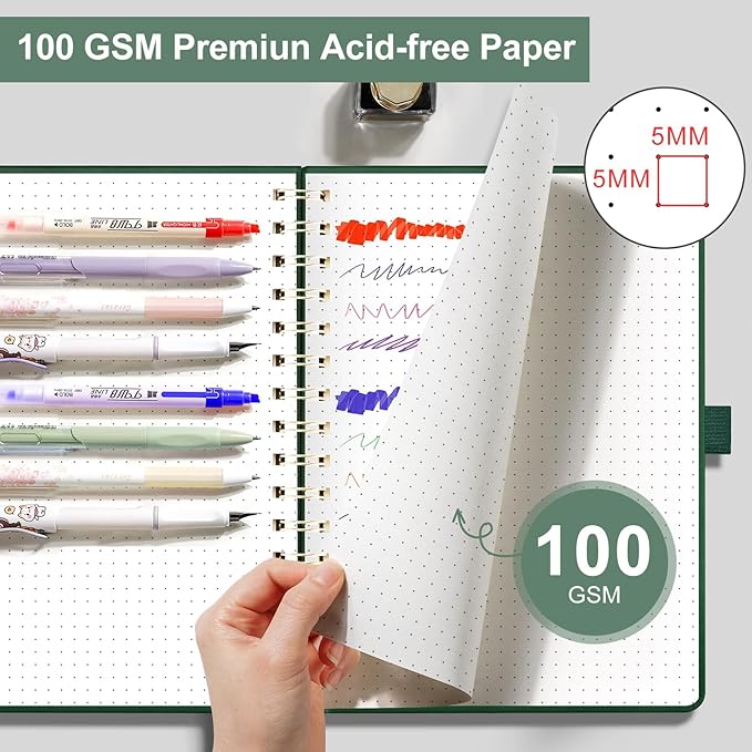 EMSHOI B5 Bullet Dotted Journal Notebook -140 Pages 100GSM Dot Grid Paper, Vegan Leather Floral Cover with Spiral Binding for Bullet Journaling, Bible Study, Work & School - Includes Ruler -Dark Green