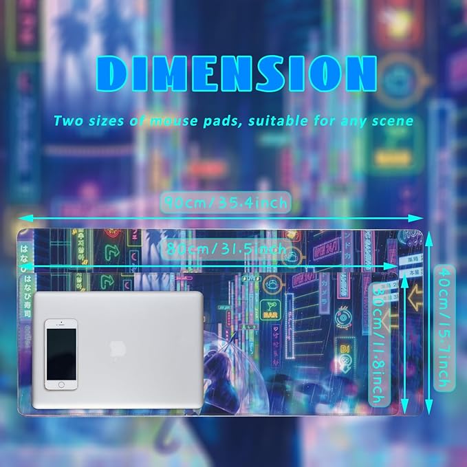 Desk Mat, Neon City Rainy Night Extended Gaming Mouse Pad Large, 31.5"x11.8" Big Mouse Pad with Non-Slip Base and Stitched Edge, Long Computer Keyboard Mouse Mat for Home Office Work