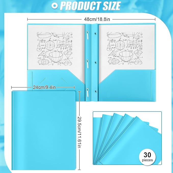 Yeaqee 30 Pcs Plastic Folders with Pockets and Prong Plastic Folders with 2 Pockets Pocket for Office, School for Students, Teachers, Office Workers (Light Blue)