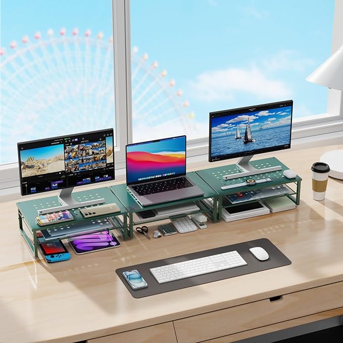 gianotter 2-Tier Metal Monitor Stand Riser, Desk Organizer for Monitor, Office Desk Storage Organizer for Office Supplies (Dark Green)