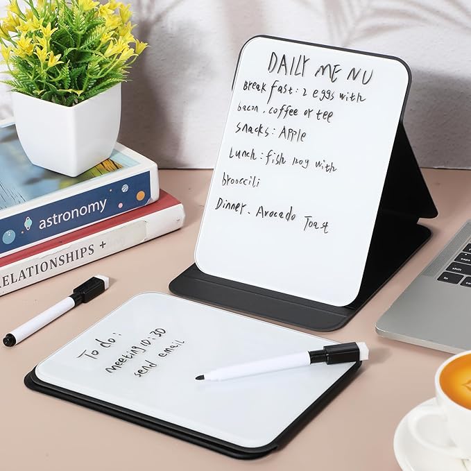 2 Pcs Small Glass Desktop Whiteboard with Reversable Stand 8 x 6 Inch Mini Dry Erase White Board Easel with 2 Markers Reusable Desk Notepad for Home Office School Supplies(Black)