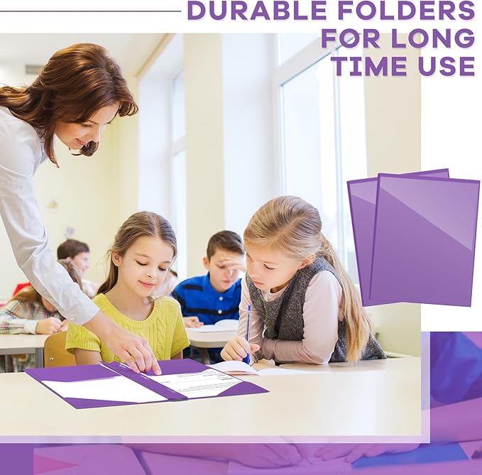 Henoyso 48 Pcs Plastic Folder with Clear Front Pocket and 3 Prongs Heavy Duty Plastic Folders with Card Slot Pocket Folders with Prongs for School Office Home(Purple)