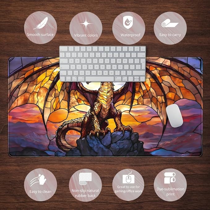 Dragon Desk Mat Large Mouse Pad XXL Extended Gaming, Gamer Gift Play Mat Desk Mousepad with Stitched Edges, Keyboard Mouse Mat for Work Game Office 31.5x15.7 in-Gift for Boyfriend or Son