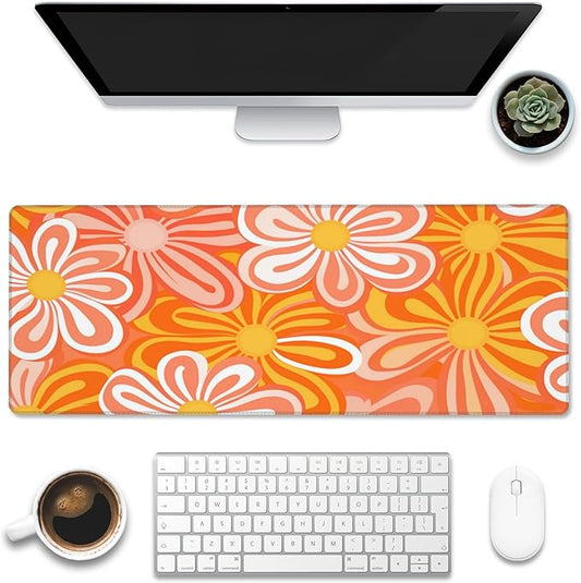 Desk Pad - Hippie Vintage Orange Flowers Desk Mat, Retro Floral Large Gaming Mouse Pad with Non-Slip Base and Stitched Edge, 31.5"x11.8"