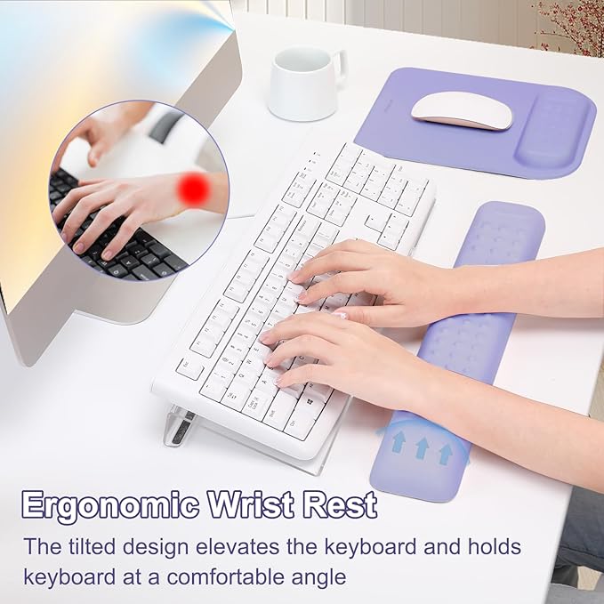 MOSISO Computer Keyboard Stand&Wrist Rest Support for Keyboard &Mouse Pad Set, Ergonomic Massage Wrist Rest Set, Easy Typing Working Acrylic Clear Stand for Office Home, Purple