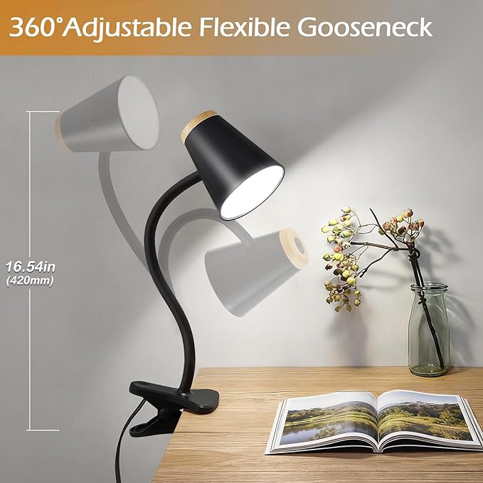 Clip on Desk Lamp for Home Office - Small LED Touch Dimmable Reading Lights for Books in Bed - Adjustable Flexible Gooseneck Clamp Light Table Lamp for Bedside Bedroom Headboard Black