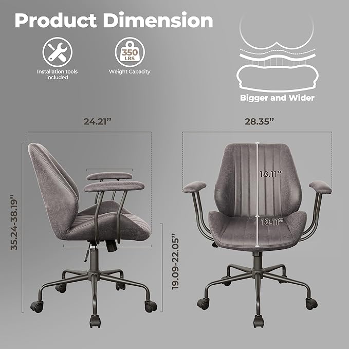 ovios Ergonomic Home Office Chair, Mid-Century Modern Faux Leather Chairs with Padded Armrests, Comfy Mid Back Swivel Rolling Executive Computer Armchair (Dark Grey, Suede Leather)
