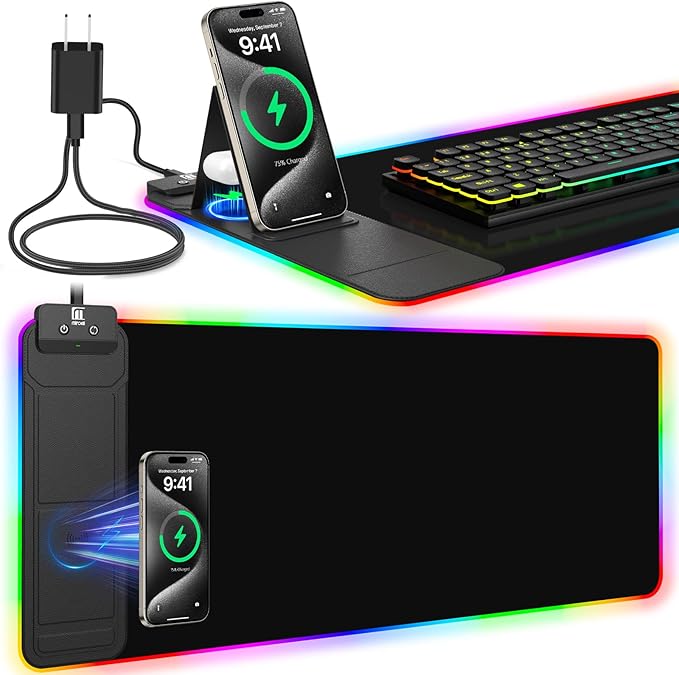 RGB Mouse Pad with Foldable Phone Stand & Wireless Charger, 31.5"x11.8" XL Gaming Mousepad Large Desk Mat, Desk Pad with Dual Charging for Phone & AirPods | 11 Colors & 5 Modes | Waterproof