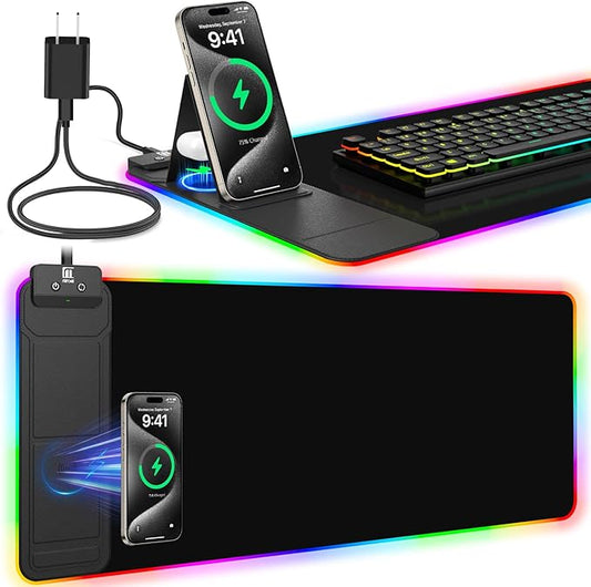 RGB Mouse Pad with Foldable Phone Stand & Wireless Charger, 31.5"x11.8" XL Gaming Mousepad Large Desk Mat, Desk Pad with Dual Charging for Phone & AirPods | 11 Colors & 5 Modes | Waterproof