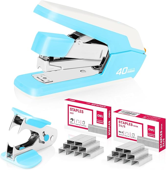 Deli Effortless Desktop Stapler, Heavy Duty Stapler, 40-50 Sheet Capacity, One Finger, No Effort, Includes 1500 Staples & Staple Remover, Sky Blue