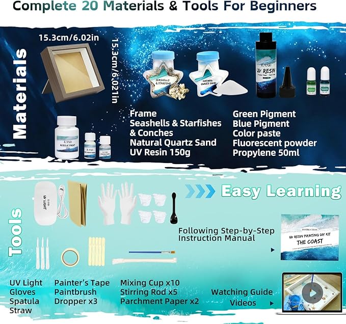 iLAND Crafts for Adults Resin Art Kit DIY Beach Ocean Themed Crafting Adult Girls Night Craft Making Set Date Night Painting Kit for Couples Unique Christmas Gifts for Crafty Women Teen Girls Romantic