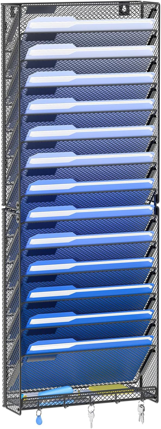 OUTWOLF 15 Tier Wall File Organizer with Hooks, Hanging Wall File Holder Wall Mount Paper Folder Organizer for Office, Magazine Rack