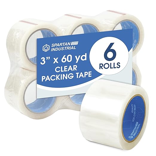 Spartan Industrial - 3" X 60 yd Clear Packing Tape Rolls - 6 of Wide Heavy Duty Tape for Packing, Moving, Shipping, and More - 2.7 Mil