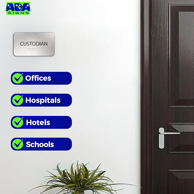 ADASigns Custodian Closet Sign 7" W x 4" H Durable Brushed Aluminum with Grade 2 Braille - Easy Installation with Adhesive Double Sided Tape - ADA Compliant Custodian Sign for Office & Businesses