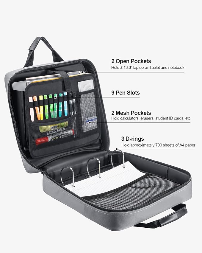 3 Inch 3 Ring Zipper Binder with Shoulder Strap & Handle & Multi-Pocket - 3" Binder with Zipper for School, Compatible with 13-Inch MacBook/Tablet -Patent Design Grey