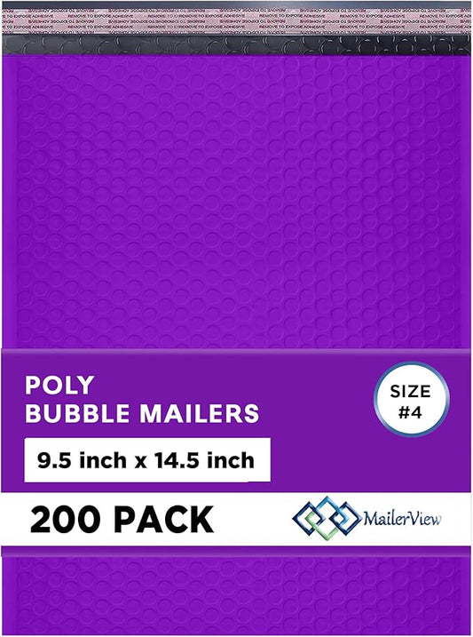 Purple Large Poly Bubble Mailers 9.5x14.5 inch #4 | Self Seal Padded Envelopes Cushioned Bubble Mailer | Usable Size 9.5x13.5 | WaterProof | Lightweight mailing Shipping Bags | 100 Pack Bulk