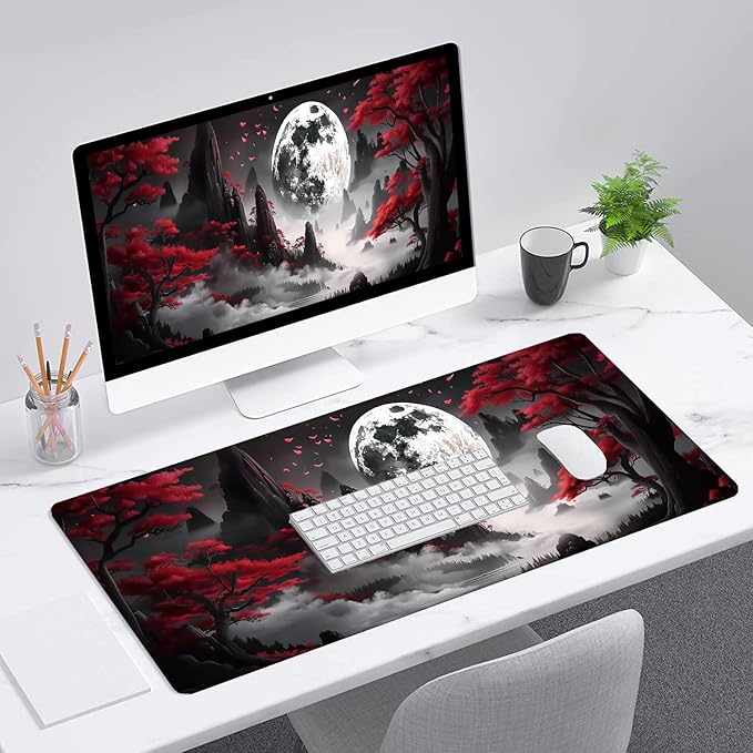 Red Moon - Extended Gaming Mouse Pad Mat with Stitched Edge Non-Slip Base - 31.5"x11.8" for Office, Home and Laptop