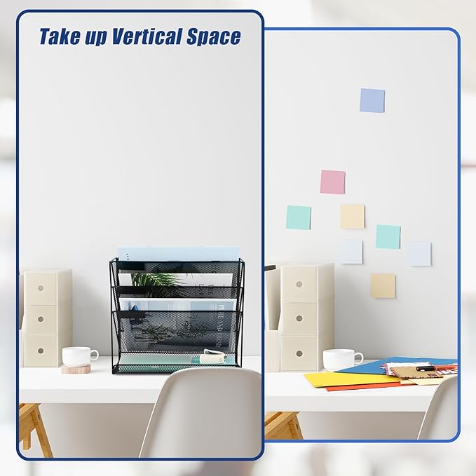 EASEPRES Desk File Organizer Mesh 4-Tier, Hanging Wall Mount Document Organization Stand, Desktop Vertical Mail Paper Folder Holder Rack with Bottom Tray for Office Home Cubicle Countertop, Black