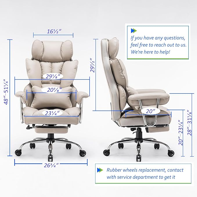 Efomao Big and Tall Office Chair 400lbs – High Back PU Leather Executive Chair with Lumbar Support, Footrest, Swivel Base, Padded Armrests, and Rolling Wheels for Home Office, Grey Computer Chair