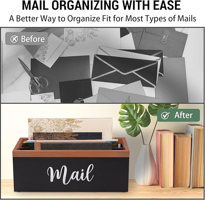 100% Real Wood Mail Organizer for Countertop, Dual-Sided Mail Script Design, Mail Holder for Office, Desk, Entryway Table, Rustic Farmhouse Style, Great Home Decor Gifts