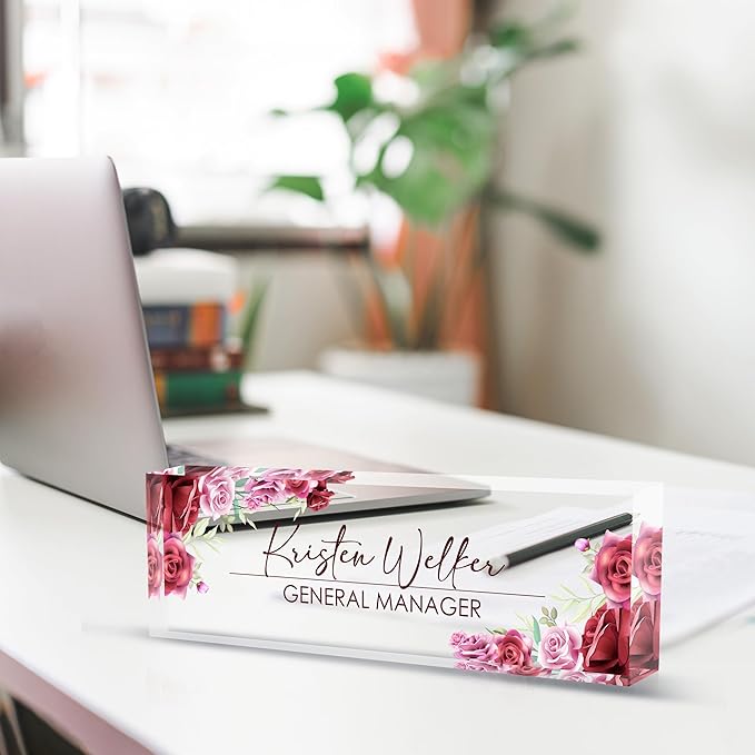 Personalized Name Plate for Desk, Custom Desk Name Plate, Acrylic Name Plate Office Desk Accessories, Personalized Office Gifts for Coworkers Teachers, Employee Appreciation Gifts (A-Rose)